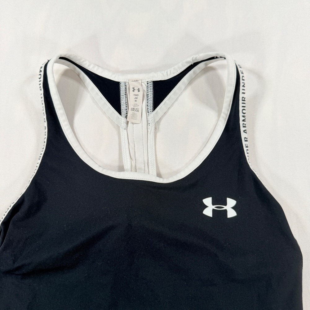 Under Armour Tank Top Kids Medium Black HeatGear Racerback Logo Taping Shirt - Picture 2 of 6